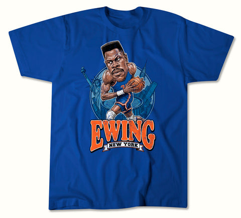 Image of Ewing Retro Caricature T-shirt - Blue - New York Basketball