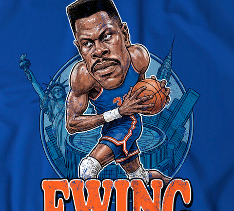 Image of Ewing Retro Caricature T-shirt - Blue - New York Basketball